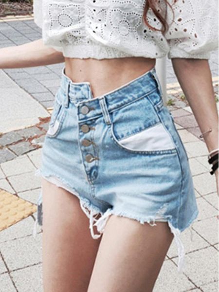 Shorts femininos Sweet 2023 Korea Summer Hole Tassel 4 Button Caist High Slim Denim Fashion Bootyshorts U701