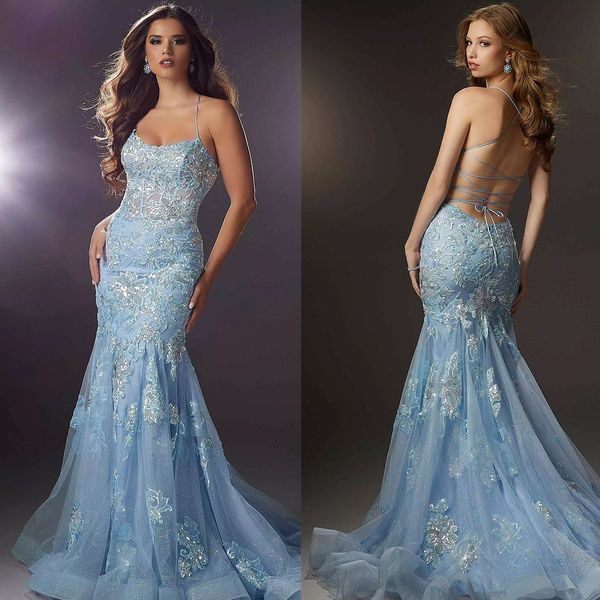 Sexy abito da sera azzurro elegante senza maniche in pizzo a sirena Dubai donna su misura senza schienale con lacci abito formale da ballo