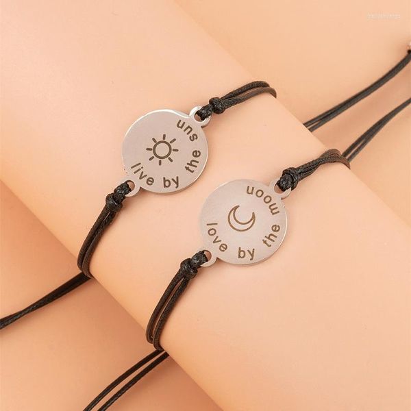 Braccialetti con ciondoli 2 pezzi Personalità Lega Sole Luna Coppia Bracciale Regolabile Filo di cera fatto a mano Carta intrecciata Gioielli Amici