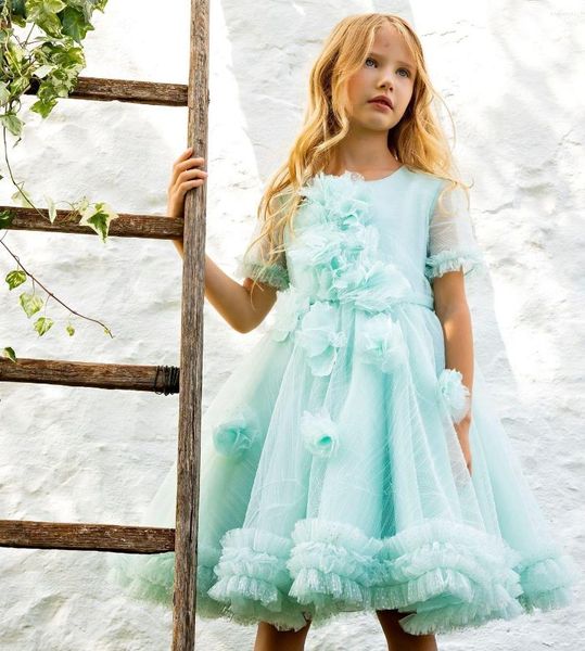 Mädchen Kleider Baby Blaue Blume Für Hochzeit Rüschen Knielangen Wurf Kinder Kleinkind Geburtstag Kleider Festzug Kleid Poshoot