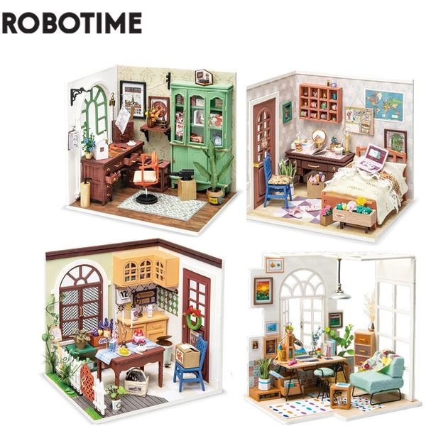 Bebek Ev Aksesuarları Robotime DIY Stüdyo Yatak Odası Yemek Odası Ev Mobilya Çocukları Yetişkin Bebek Ev