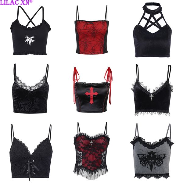 Damen Tanks Camis Goth Cross Print Spitze Bodycon Crop Tops Camis Sexy Y2K Ästhetisch Schwarz Rot Basic Korsett Tank Top Sommerkleidung für Frauen Mädchen 230307