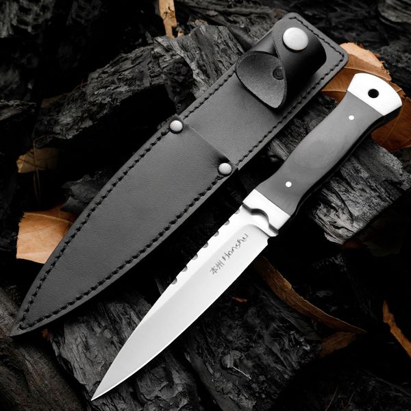 Honshu H9401 Survival Coltello Dritto 9Cr18Mov Lama Satin Full Tang Manico in Ebano Outdoor Campeggio Escursionismo Caccia Coltelli a Lama Fissa con Fodero in Pelle