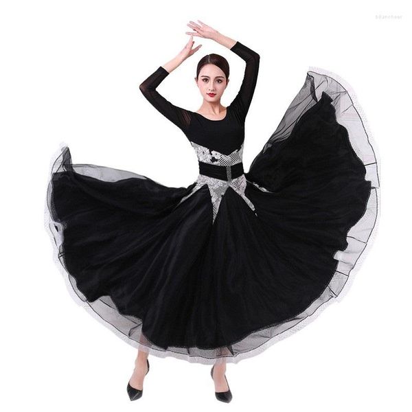 Abbigliamento da palcoscenico Abito da ballo nero da donna Flamenco sociale standard per ballare costumi di tango lungo valzer