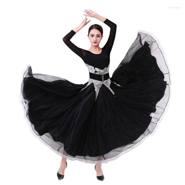 Stage Wear Black Ballroom Dress Women Women Standard Social Flamenco para dançar longos trajes de Waltz Tango