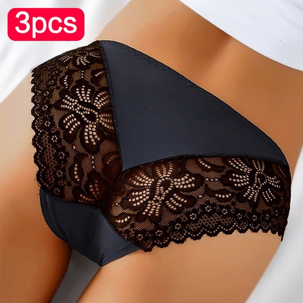 Briefas calcinhas 3pcs Roupa íntima de renda para feminino Sexy lingerie íntima nylon erótico transparente pantie fêmea 230307