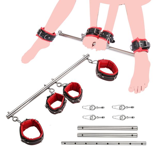 Bondage BDSM Kit Aço inoxidável Aço extensível barra escravo escravo Handcuffs tornozelo algemar