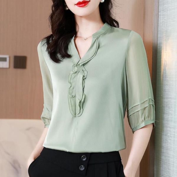Blouses femininas 2023 Mulher Mulher Coreana Voneio V Neck Elegante Ruffles Camisas femininas Escritório Lady Lady Vintage Tops Blusas femininas