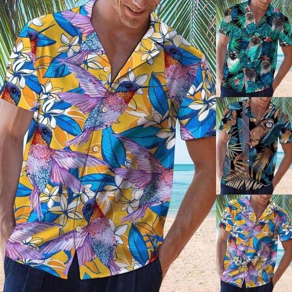 T-shirt da uomo Top primavera-estate da uomo Top con colletto alla sera stampato Hawaii Top casual allentato a maniche corte con bottoni alla moda