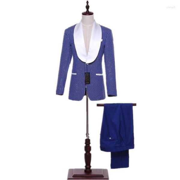 Abiti da uomo Abito da uomo blu royal Elegante tessuto a pois Uomo classico da sposa Sposo 2 pezzi Abiti da cerimonia Abiti da sposo Groomsmen da lavoro