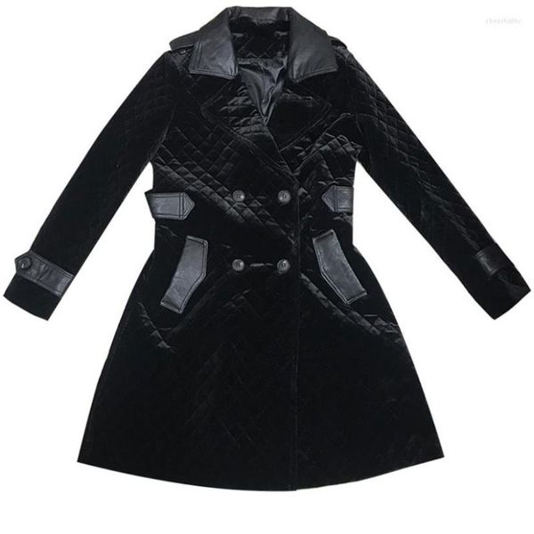 Trench da donna Cappotto parka nero da donna Cappotto invernale con cuciture in Pu Cappotto elegante imbottito in caldo cotone con cintura