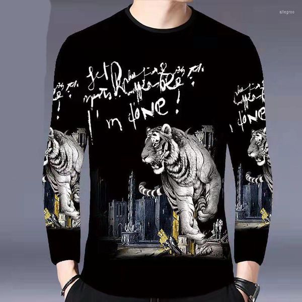 Camisetas masculinas de camisetas masculinas de primavera e outono Casual Tiger 3D Moda de camiseta redonda de mangas longa de mangas de manga longa