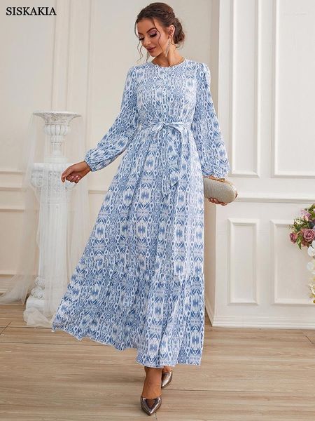 Casual Kleider Frühling Sommer Elegante Party Maxi Kleid Frauen Retro Blumendruck Farbverlauf Lange Gürtel Tunika Oansatz Robe