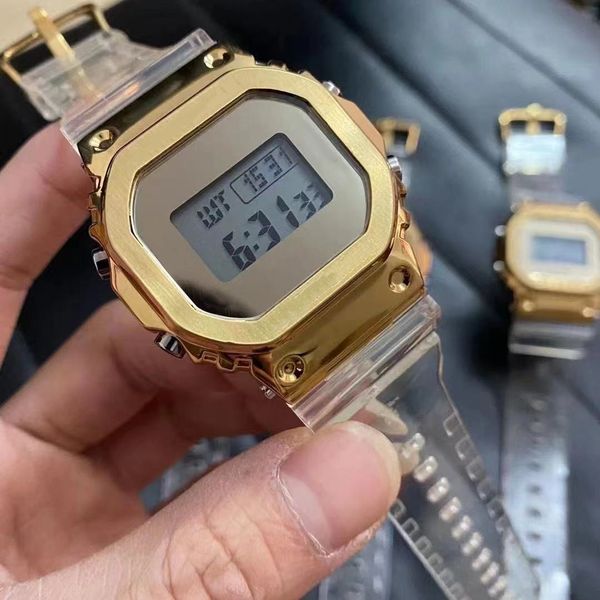 Original Shock 5000 Watch Sport Digital Quartz Unisex Oak Watch Legierung Square LED Dialum Vollweltzeit Gold transparenter Version mit Originalbox