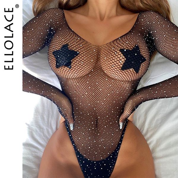 Set sexy Ellolace con spalle scoperte Body a rete Body trasparente con glitter a maniche lunghe Vedi attraverso costumi esotici Collant porno 230307