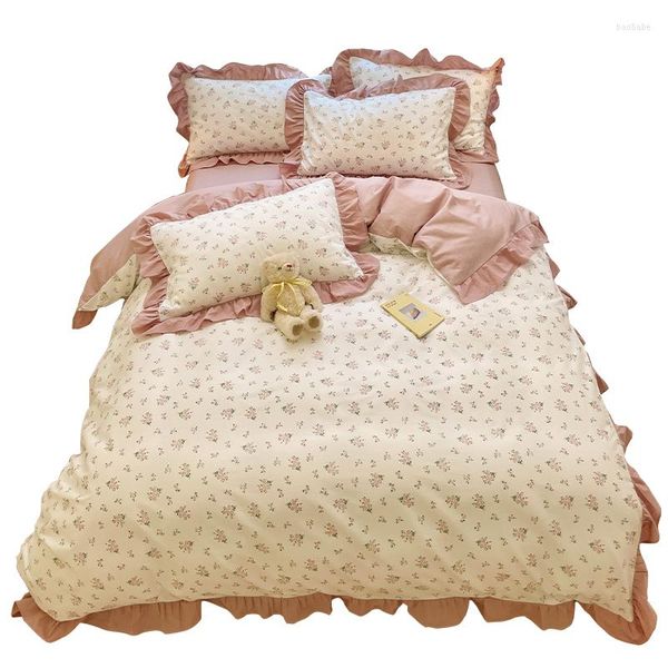 Bedding conjuntos de roupas coreanas pequenas folhas florais de quatro peças Pure Cotton Princess Bed Selp Quilt Cover Girl de três peças