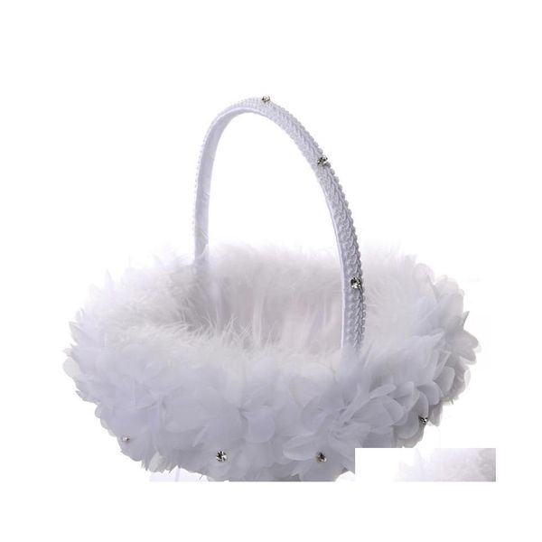 Cuscini per anelli Cestini di fiori Cesto di piume di struzzo bianco Ragazza Elegante strass in pizzo Bomboniere da sposa Accessori Drop Deliv Dhgih