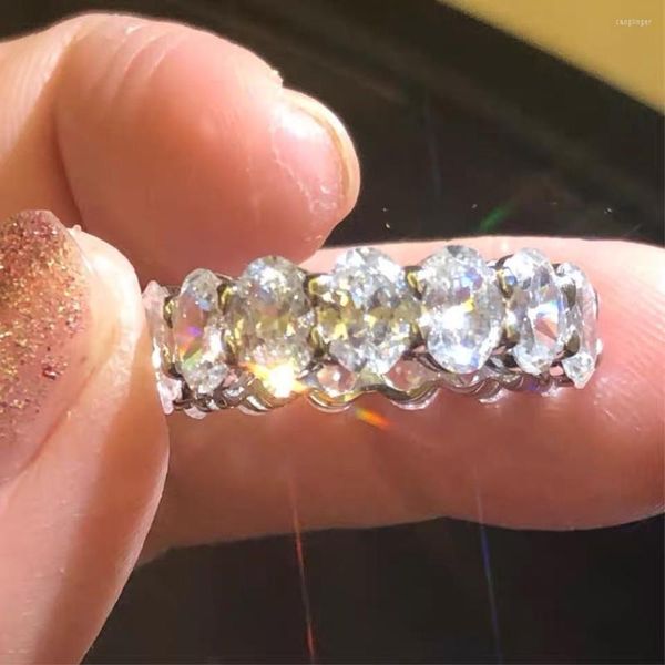 Anelli a grappolo Marca 925 ARGENTO PAVE IMPOSTAZIONE COMPLETO Ovale Diamante simulato ETERNITY BAND FIDANZAMENTO Pietra di MATRIMONIO Per DONNE UOMINI Gioielli