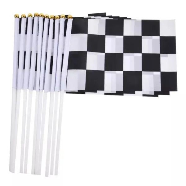 Corrida Bandeiras de sinal de mão em preto e branco Bandeiras de onda quadriculada de onda quadriculada 14x21cm Banner com decoração de festival Flagpole Nova