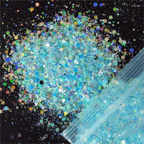 Glitter de unha 50g/brilho de bolsa em escuro 0,2-2mm tamanho de mistura hexagon luminosa luminosa fatia flocos de lantejoulas decorações de arte de lantejoulas