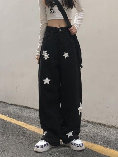 Damen Plus Size Hosen HOUZHOU Y2K Retro Streetwear Black Cargo Jean Gothic Punk Vintage Kpop Print Wide Leg Denim Panrts Weibliche Herbsthose 230306