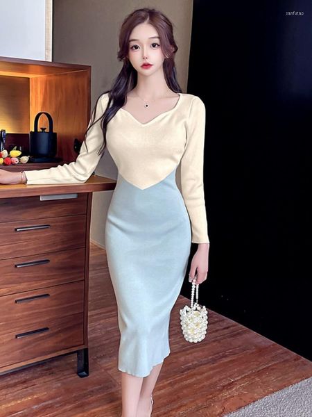 Casual Kleider Foamlina Elegante Frauen Gestrickte Pullover Kleid Farbe Match Sexy V-ausschnitt Langarm Slim Fit Herbst Winter Midi Bodycon