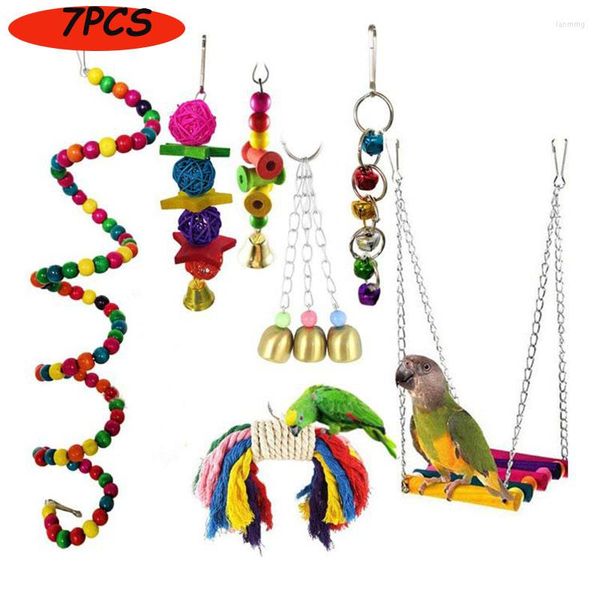 Другие птицы поставляют милые 7шт/сет -попугайные птицы игрушки для игрушек качание висящие колокольчики деревянные аксессуары