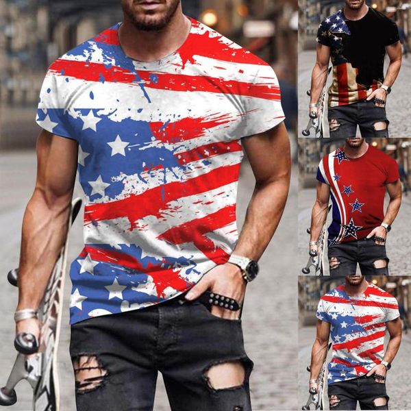 Magliette da uomo manica corta estate stampa rotonda indipendenza digitale camicia moda casual top giorno elastico per uomo lamina da uomo