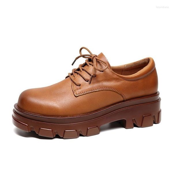 Kleidschuhe Damen Frühling 2023 Dickbesohlte Schnür-Loafer Damen Vintage Natürliche Haut Echtes Leder Damen