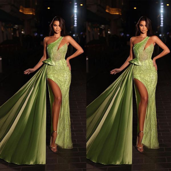 Glamorous Mermaid Prom Dresses Mermaid One Shoulder Art Deco-inspirierter Hals Ärmellos Bewerber High Side Split Court Gown Plus Size Vestido De Noite