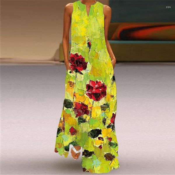 Vestidos casuais Partidos elegantes festas retro pavões de penas longas de verão Flores impressas de flores sem mangas maxi