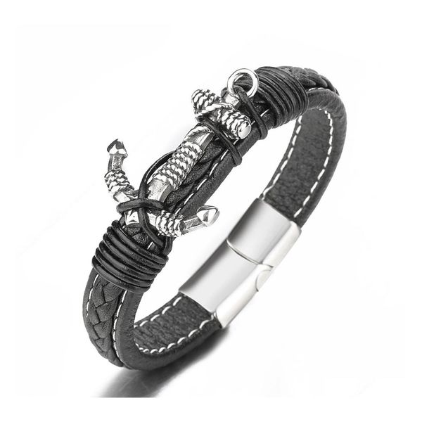 Cadeia de ligação Homens ancoragem Bracelete de couro Link mtilayer punho embrulhado na pulseira de pulseira preta de pulseira de pulseira de joalheria clas magnético dh6vx