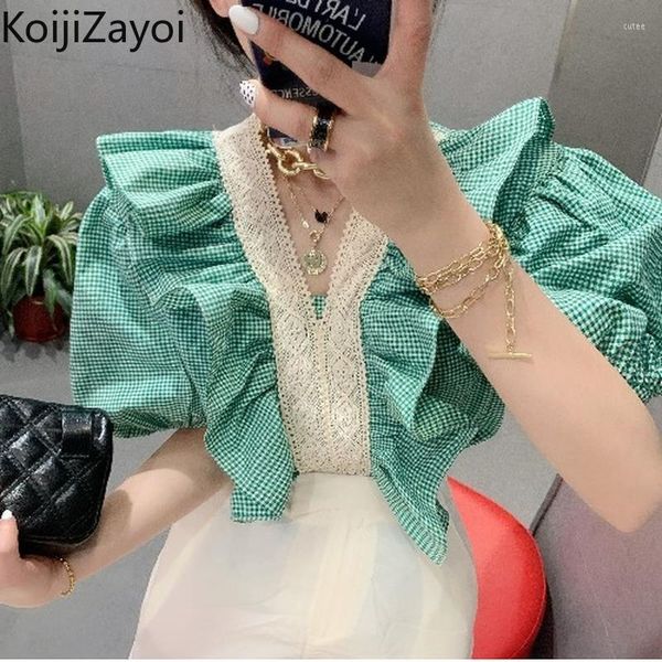 Blouses feminina Koijizayoi Summer Women Solid Sweet Shirt V Neck Lady Lady Blusa Chata curta Mangas curtas Ruffles 2023 BLUSAS TODAS MACHAS TOPS