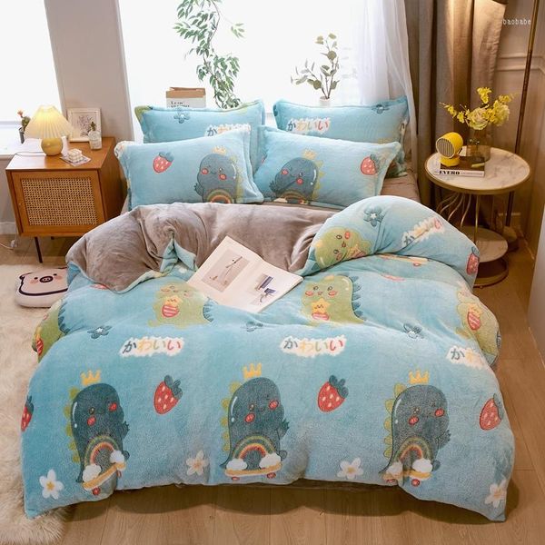 Set di biancheria da letto 150/180 / 200CM Taglio Dinosuar Velluto blu Lenzuolo caldo Copripiumino Federa Set di quattro pezzi per l'inverno M034-39