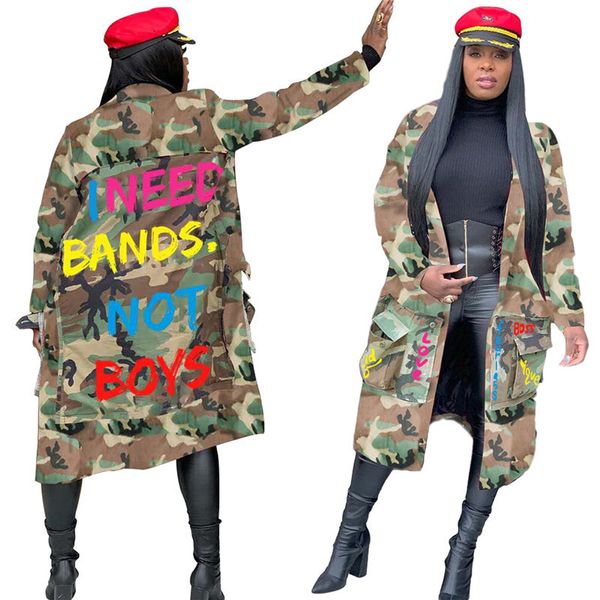 Jackets femininos Camuflagem Camuflagem Jaqueta Mulheres Plus Size Letra Imprimir Coat de Streetwear Longo Cultura Longa Top Local Drop 230307