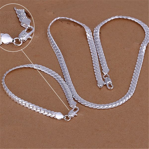 colore argento regali di Natale retro 6MM collana a catena piatta bracciali moda per uomo donna set di gioielli S085