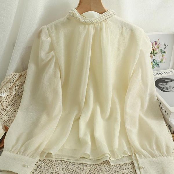 Kadınlar Boğan Kore Moda Zarif Bluz İnci Boyun Tasarımcısı Üstler Fransız Tarzı Şifon Gömlek Uzun Kollu Sonbahar Blusa Mujer