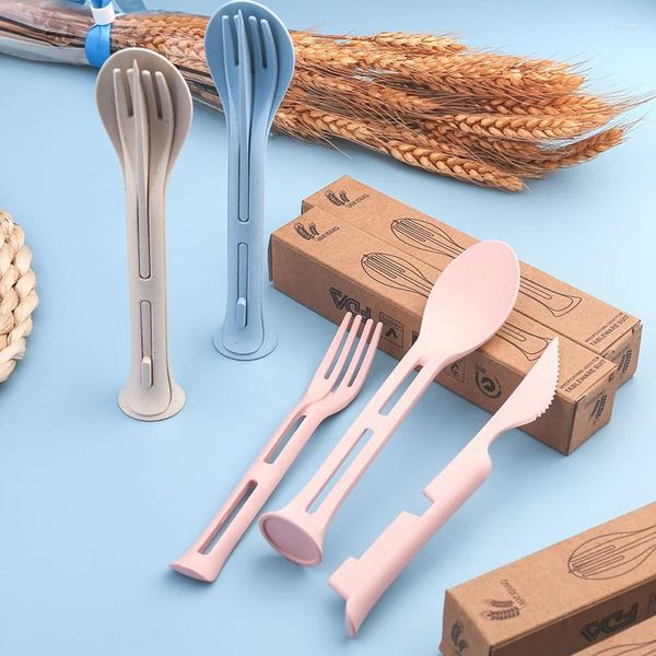 Conjuntos de utensílios de jantar 3pcs/conjunto 3 em 1 Viagem de talheres portáteis de tabela de tabela de palha de trigo para crianças Acessoria de cozinha para crianças