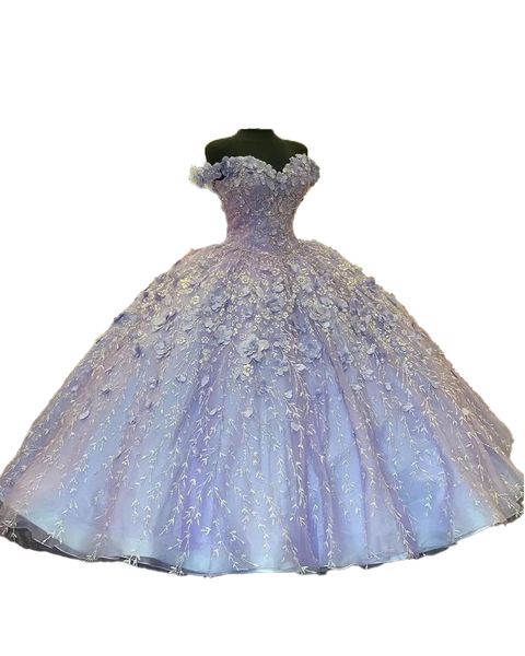 Abito da ballo viola taglie forti Abiti da principessa Quinceanera con spalle scoperte Applicazioni floreali Perline con perline Sweep Train Tulle Abiti da sera formali Abito da spettacolo