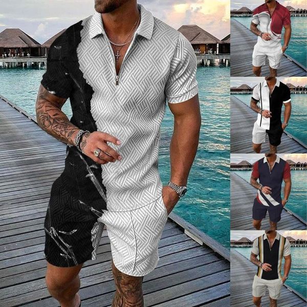 Conjunto de 2 peças de camisetas masculinas Roupa de verão masculina manga curta com zíper e shorts moletom casual agasalho conjuntos esportivos de corrida