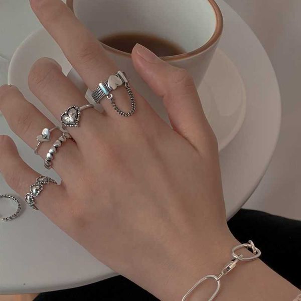 Band Ringe Koreanische Punk Liebe Herz Ring Set für Frauen Silber Farbe Quaste Kette Geometrische Zirkon Knuckle Finger Ring Goth schmuck Geschenke AA230306