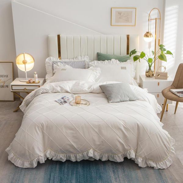 Yatak Seti Lüks El Yapımı Pleat Prenses Beyaz Pamuk Düz Renk Ruffles Yorgan Kapak Yatak Yatak Yatık Yastık