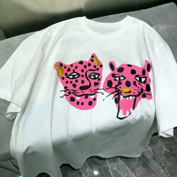 Женская футболка летняя Kpop Pink Leopard Printing Street Lose T Roomts для женщин с коротки