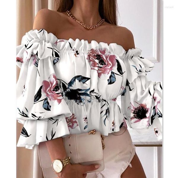 Blusas femininas 2023 verão sexy doce fora da blusa de ombro mulheres cortar ruffles de pescoço 3/4 de manga de princesa tops de colheita floral camisa de impressão floral