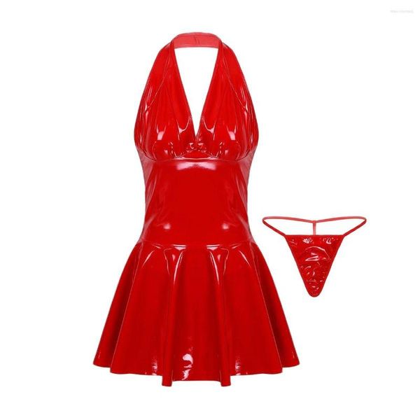 Vestidos casuais femininos mulheres faux couro plissado mini vestido sem mangas, sem costas molhado uma linha de roupas de clube sexy de roupas de clubes