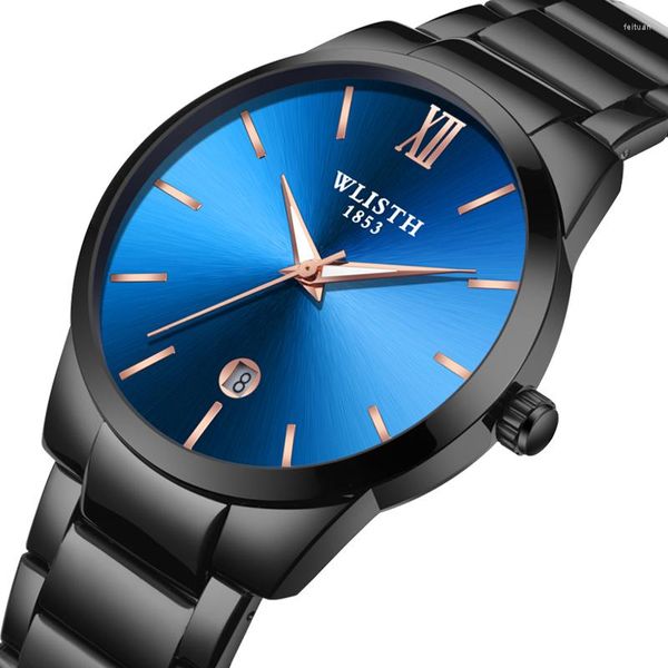 Нарученные часы wlisth Brand's Styless Steel Band Watch Calendar Календарь водонепроницаемые трехконтактные кварцевые мужские сияние в темноте 30 м