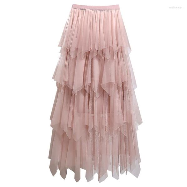 Gonne Moda Tutu Gonna torta in tulle Donna 2023 Primavera Estate Maglia stile lungo Maxi Nero Rosa Vita alta pieghettato femminile