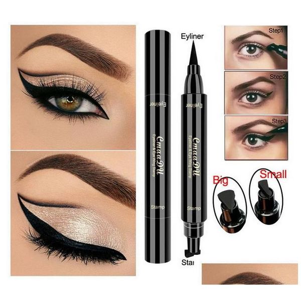 Eyeliner Cmaadu Doppia ala per principianti Pennello ad angolo Eyeliner Penna Timbro per trucco Eye Liner Grande e piccolo Facile da indossare Occhi neri D Dhamz