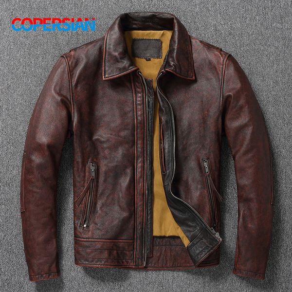 Couro masculino falso couro camada superior vaca oversized jaqueta de couro vermelho-marrom americano retro estilo motocicleta cor angustiado casaco de alto sentido 230307