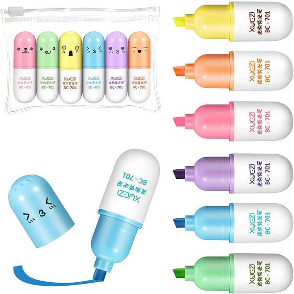 Hailighters Haile 6pcs Kawaii мини -таблетки Highlighter ручка Симпатичная забавная улыбающееся лицо